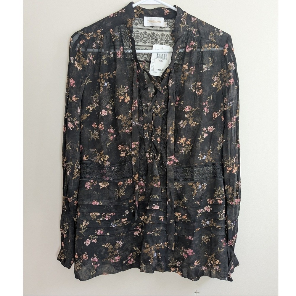 Zimmermann Floral Lace Trimmed Tie Neck Blouse & Cami Set Black‎ Size 0 NWT $480